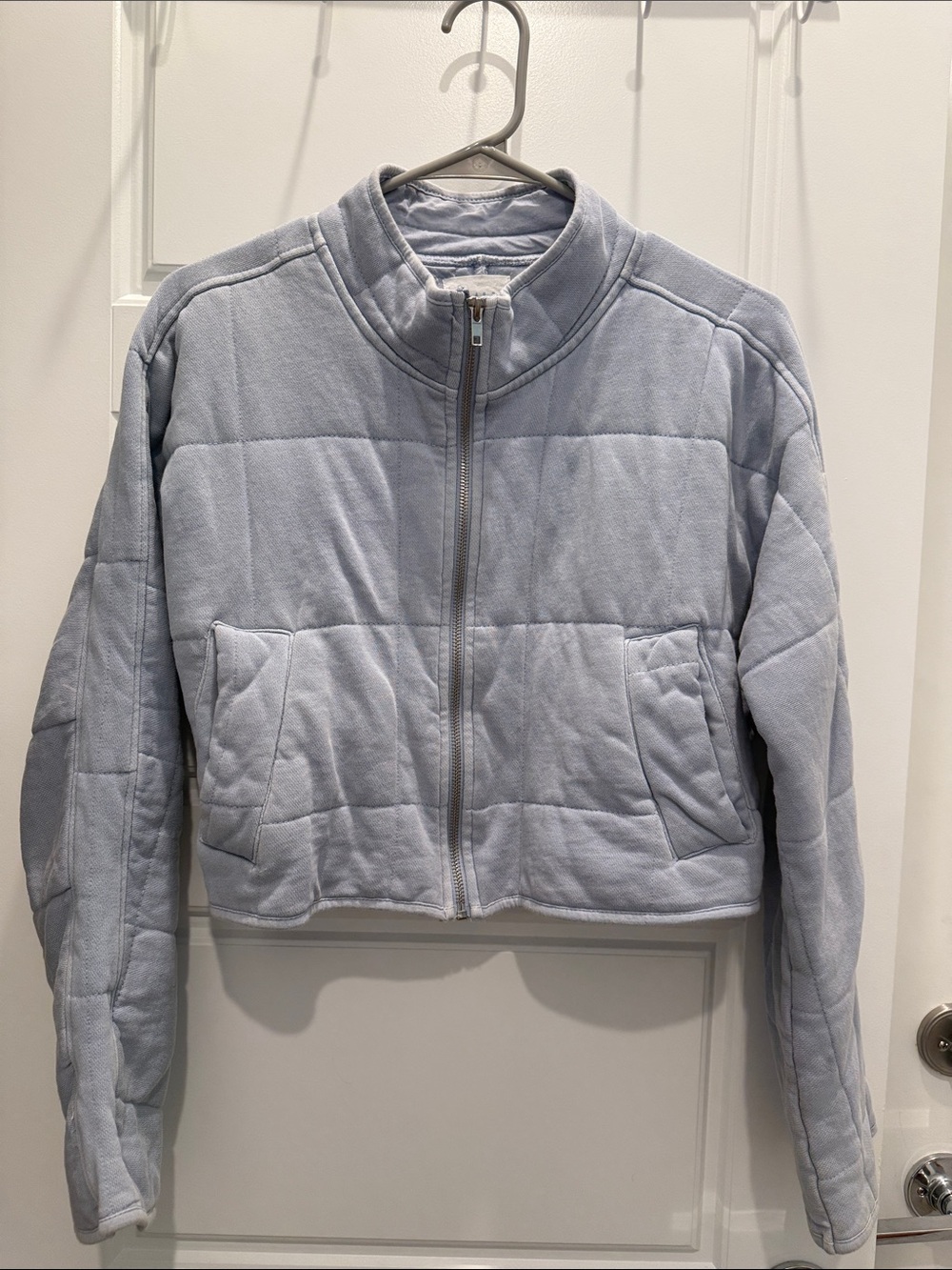 Cropped Light Blue Quilted Zip-Front Puffer Jacket